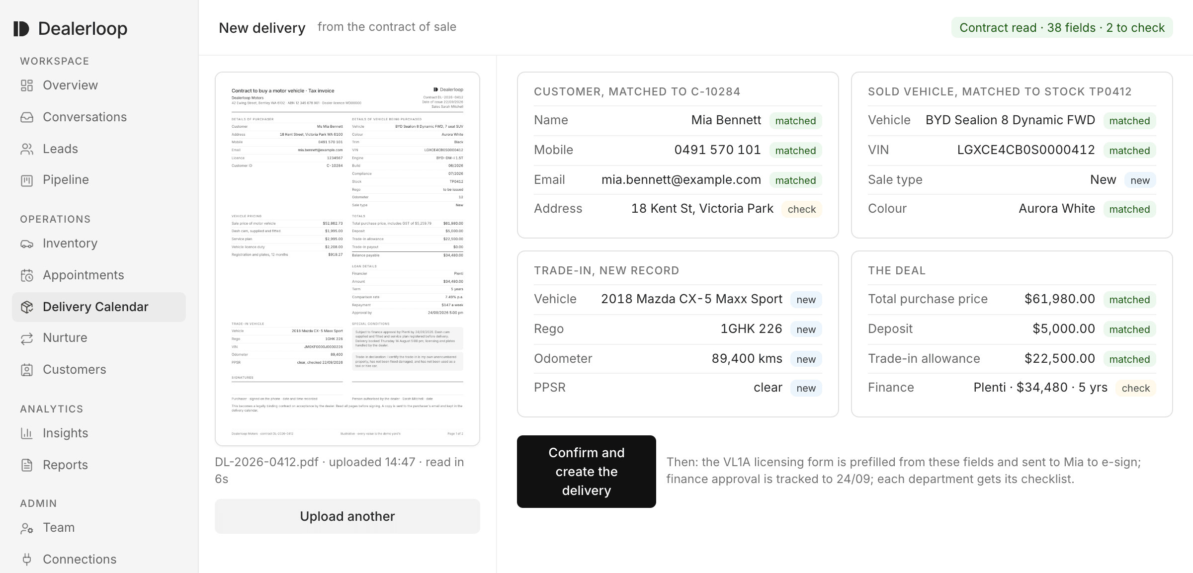 The contract of sale read on upload: the customer, the vehicle, the trade-in and the deal extracted and matched to the dealership\u2019s records.